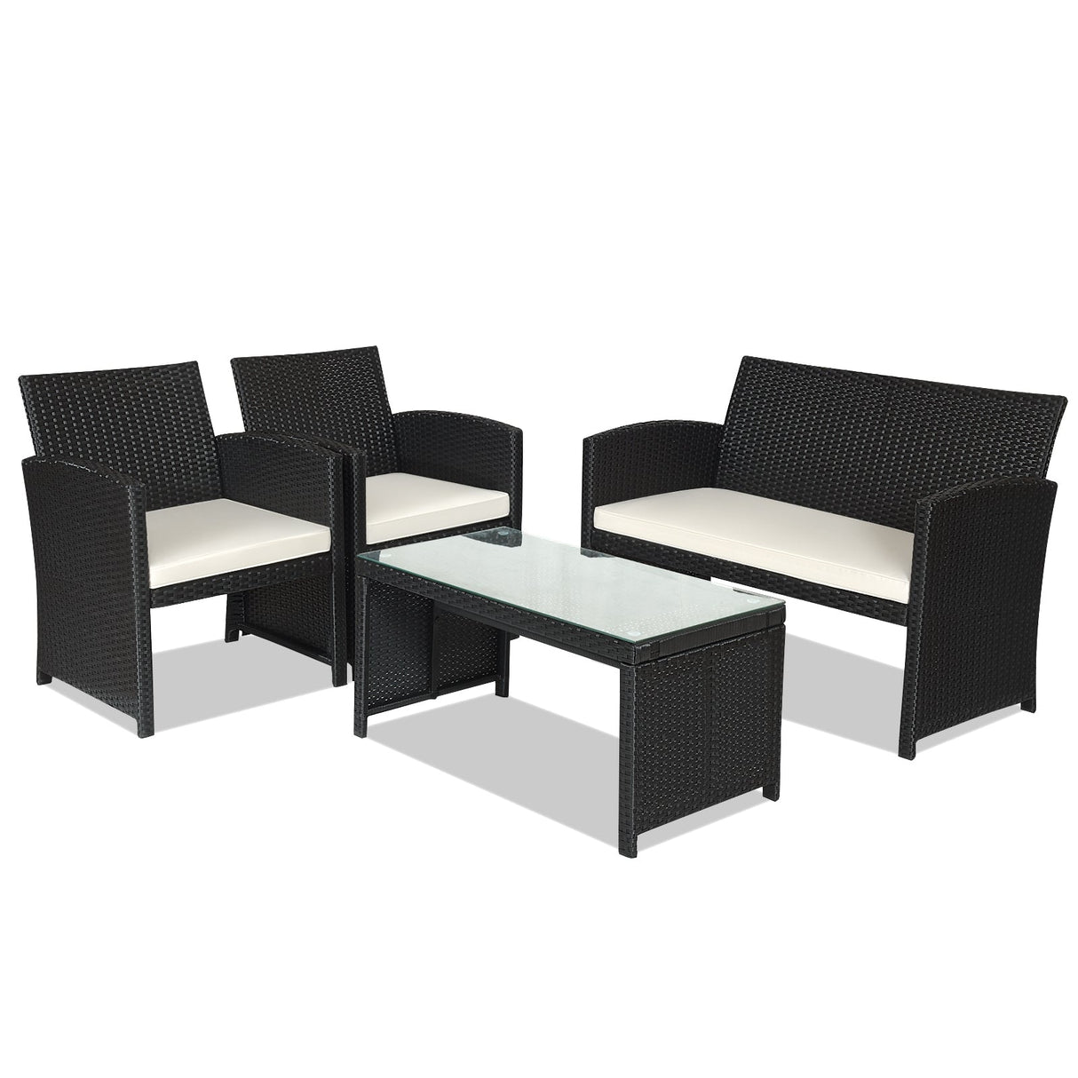 Juego de muebles de patio de ratán de 4 piezas con cojines resistentes a la intemperie y mesa de vidrio templado