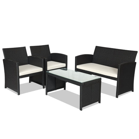 Juego de muebles de patio de ratán de 4 piezas con cojines resistentes a la intemperie y mesa de vidrio templado