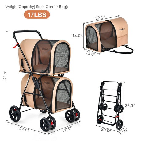 Cochecito doble 4 en 1 para mascotas con transportín desmontable y carruaje de viaje
