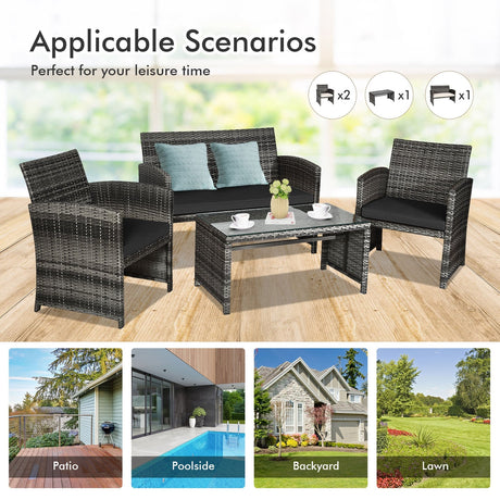 Juego de muebles de patio de ratán de 4 piezas con mesa de cristal y sofá de dos plazas - Gris