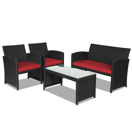 Juego de muebles de patio de ratán de 4 piezas con cojines resistentes a la intemperie y mesa de vidrio templado
