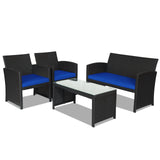 Juego de muebles de patio de ratán de 4 piezas con cojines resistentes a la intemperie y mesa de vidrio templado
