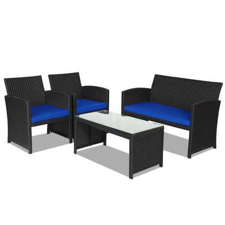 Juego de muebles de patio de ratán de 4 piezas con cojines resistentes a la intemperie y mesa de vidrio templado