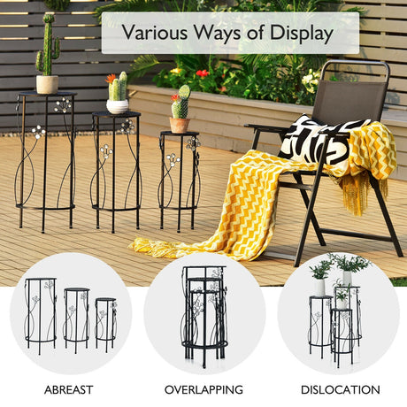 Set de 3 soportes de metal para plantas con detalles florales de cristal redondos - Negros