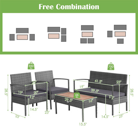 Juego de muebles de conversación para patio de ratán de 4 piezas con mesa de madera de acacia