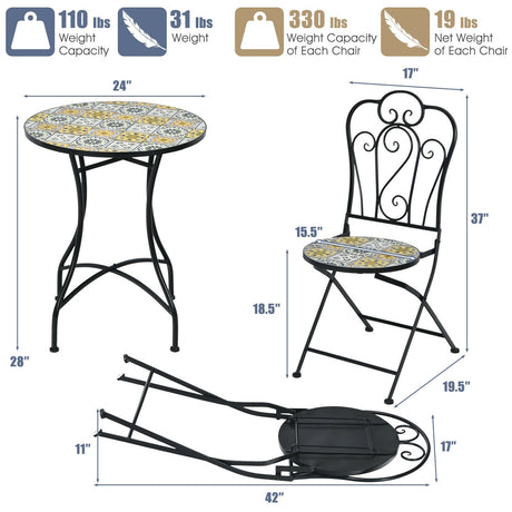 Juego de 3 piezas de bistró para patio con diseño de mosaico, con sillas plegables y mesa redonda