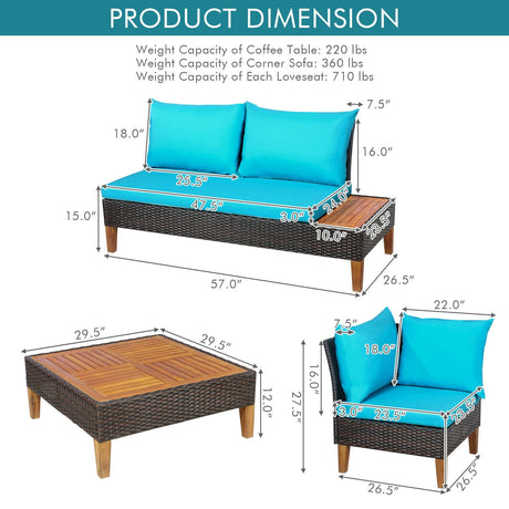 Juego de muebles de ratán acolchados para patio de 4 piezas con mesa auxiliar de madera