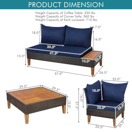 Juego de muebles de ratán acolchados para patio de 4 piezas con mesa auxiliar de madera