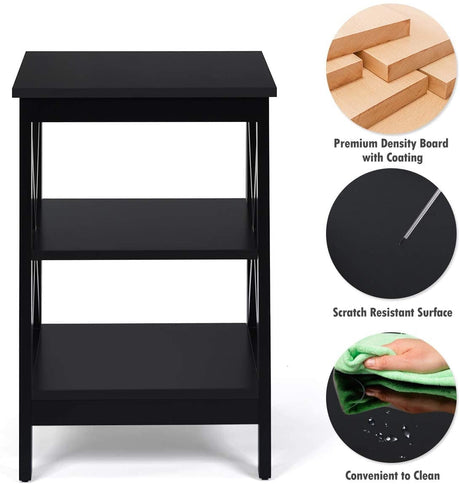 Mesitas de noche de 3 niveles con diseño en X y estantes de almacenamiento para sala de estar y dormitorio