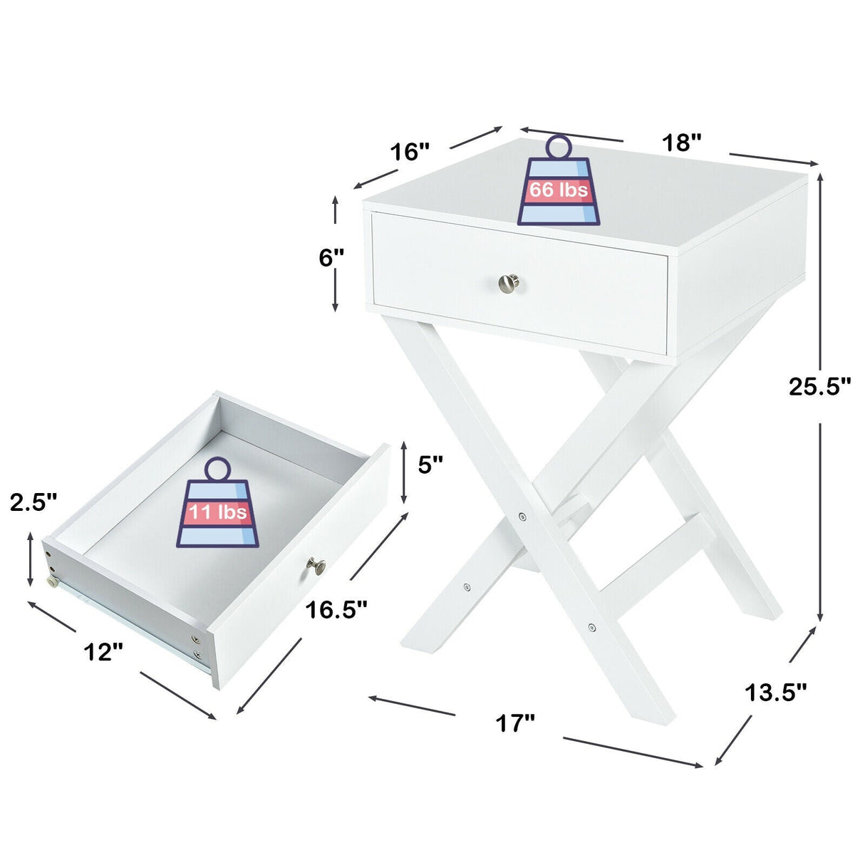 Mesita de noche moderna en forma de X con cajón para sala de estar o dormitorio