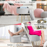 Taburete otomano redondo de terciopelo con almacenamiento, reposapiés, silla de tocador con patas de metal