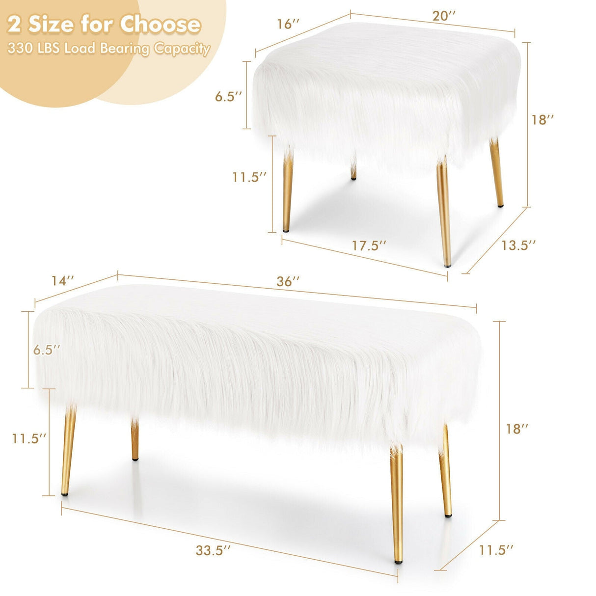 Taburete de Tocador de Pelo Sintético con Patas de Metal Doradas para Sala de Maquillaje
