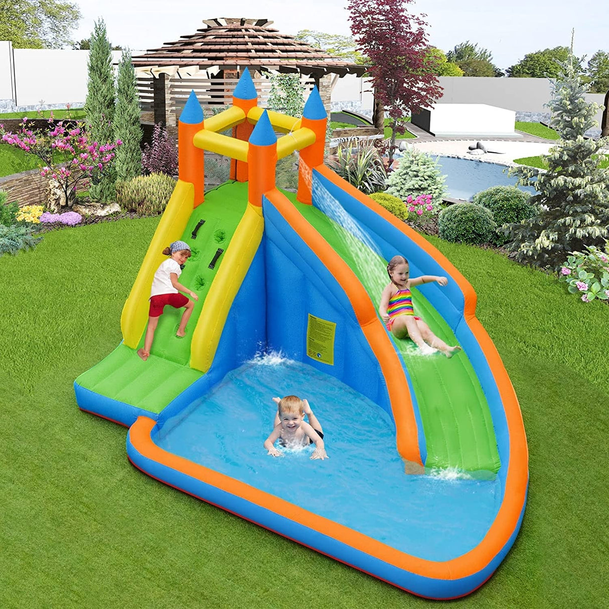 Casa de rebote con tobogán inflable acuático para niños con bolsa de transporte y soplador de 480W