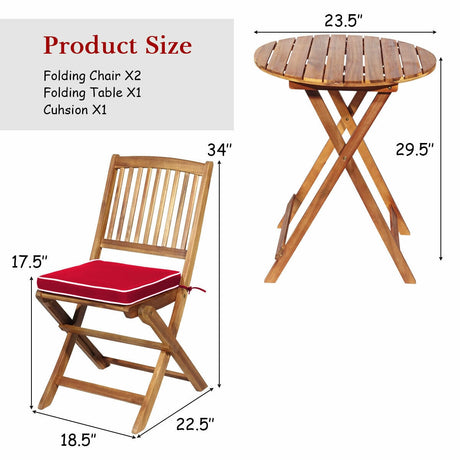 Juego de bistró plegable para patio de 3 piezas con cojín acolchado y mesa de centro redonda - Rojo