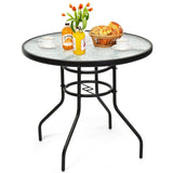 Mesa redonda de 32 pulgadas para patio, de cristal templado y estructura de acero, con práctico orificio para sombrilla