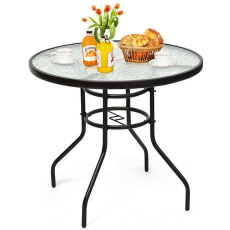 Mesa redonda de 32 pulgadas para patio, de cristal templado y estructura de acero, con práctico orificio para sombrilla
