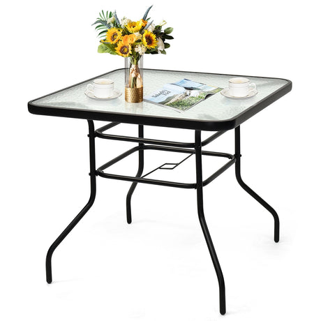 Mesa cuadrada de 32 pulgadas para patio con marco de acero y cristal templado