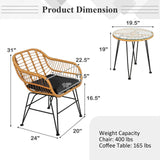 Juego de 3 Muebles de Ratán con Mesa y Sillas Acolchadas