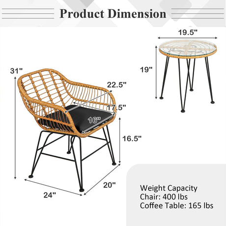 Juego de 3 Muebles de Ratán con Mesa y Sillas Acolchadas