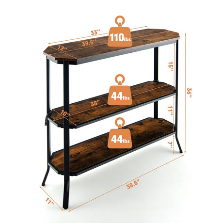 Mesa consola de sofá de entrada de 3 niveles con estructura de acero para pasillo y sala de estar-Marrón rústico