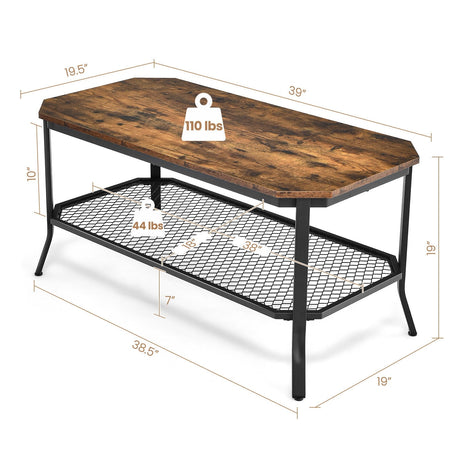 Mesa de centro industrial de 2 niveles con estante de almacenamiento de malla abierta para sala de estar - Marrón rústico