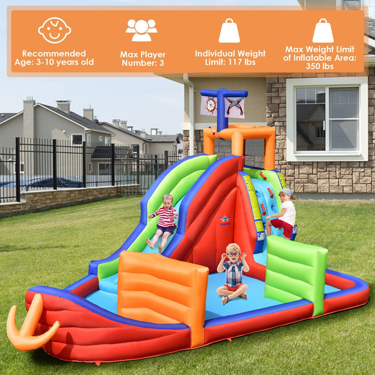 Castillo Hinchable Infantil 6 en 1 de Barco Pirata con Tobogán de Agua, Pistolas de Agua y Soplador de 735W