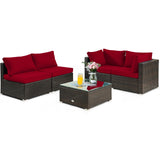 Juego de muebles de patio de ratán acolchados de 5 piezas con mesa de cristal