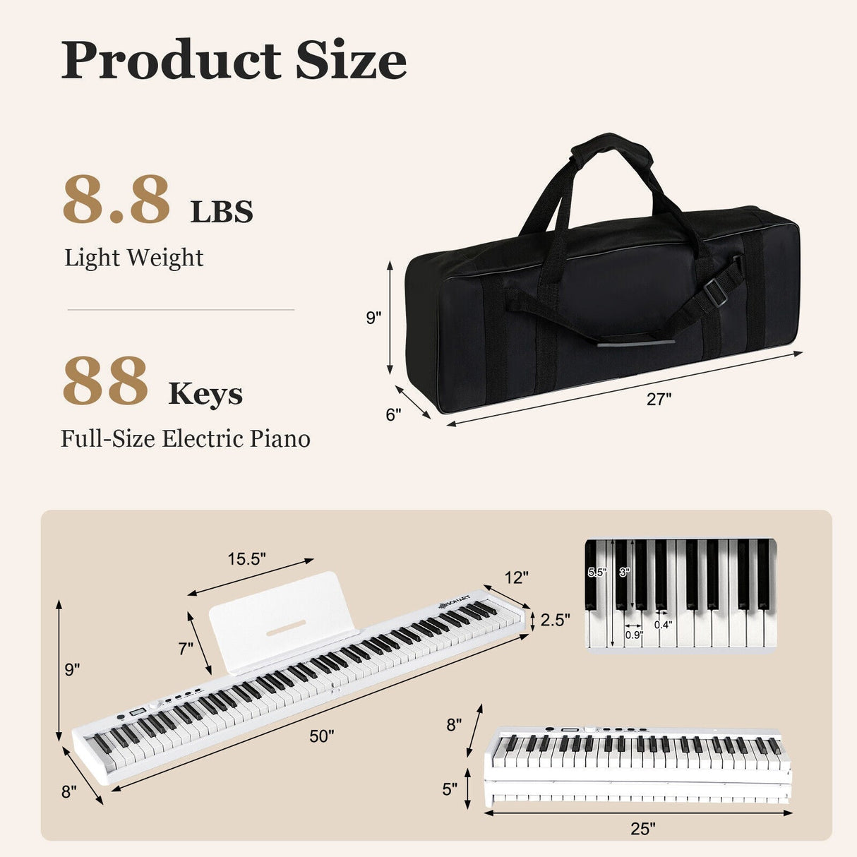 Piano eléctrico plegable de 88 teclas con luces, teclado portátil de tamaño completo MIDI