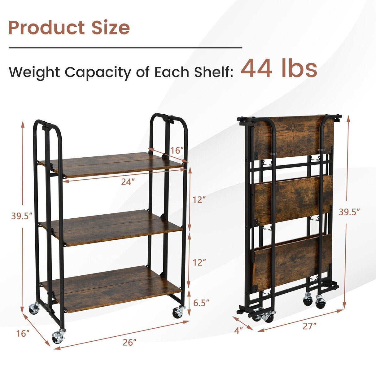 Carrito Rodante Plegable de 3 Niveles con Estantes de Almacenamiento para Cocina