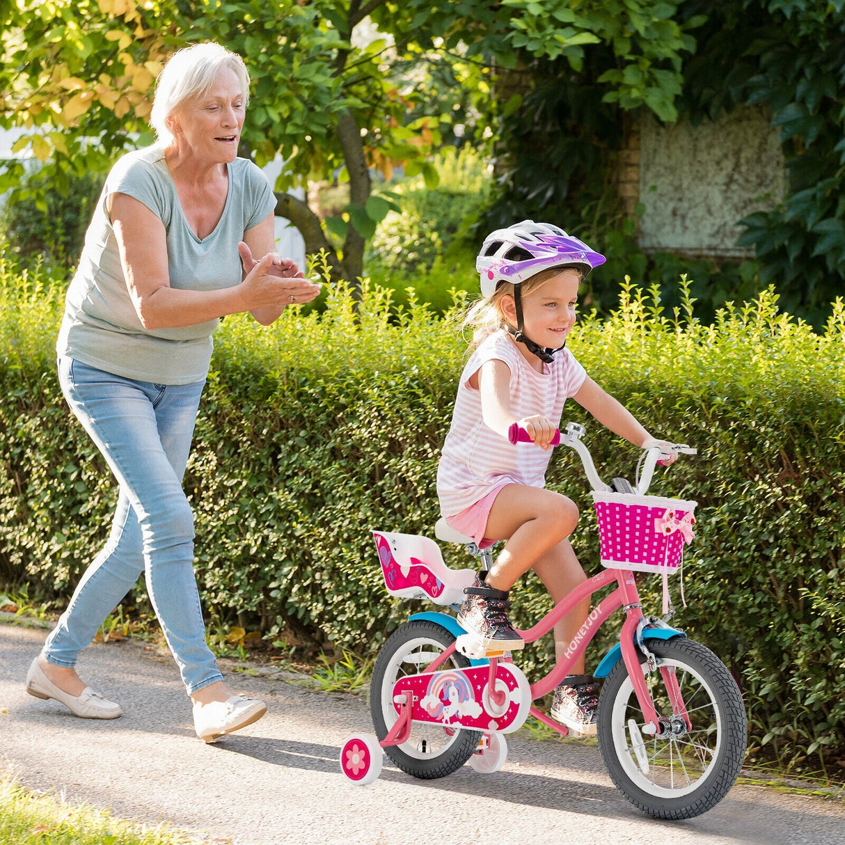 Bicicleta infantil de 16 pulgadas con ruedas de entrenamiento y cesta de almacenamiento
