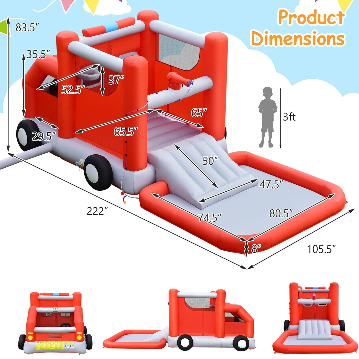 Parque Acuático Hinchable con Diseño de Camión de Bomberos, Casa de Rebote para Niños sin Soplador