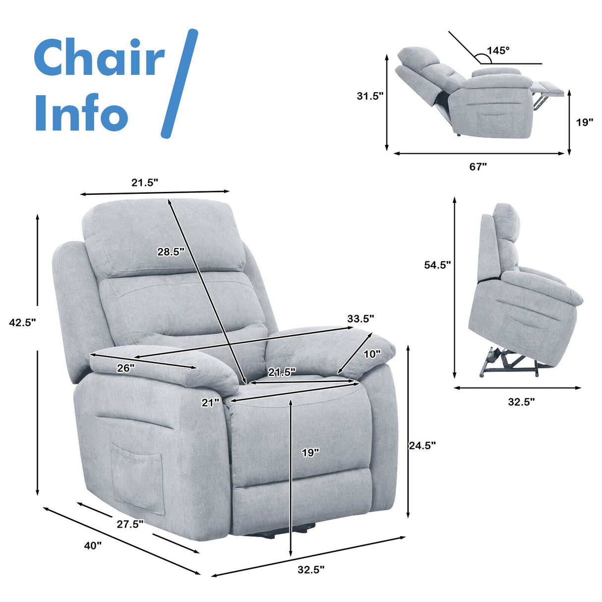 Sofá reclinable eléctrico con bolsillo lateral y control remoto