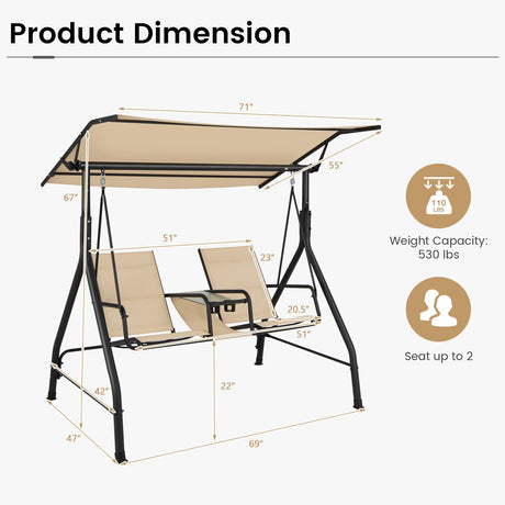 Columpio de Porche Acolchado de 2 Plazas con Toldo Ajustable y Mesa de Cristal Templado - Beige