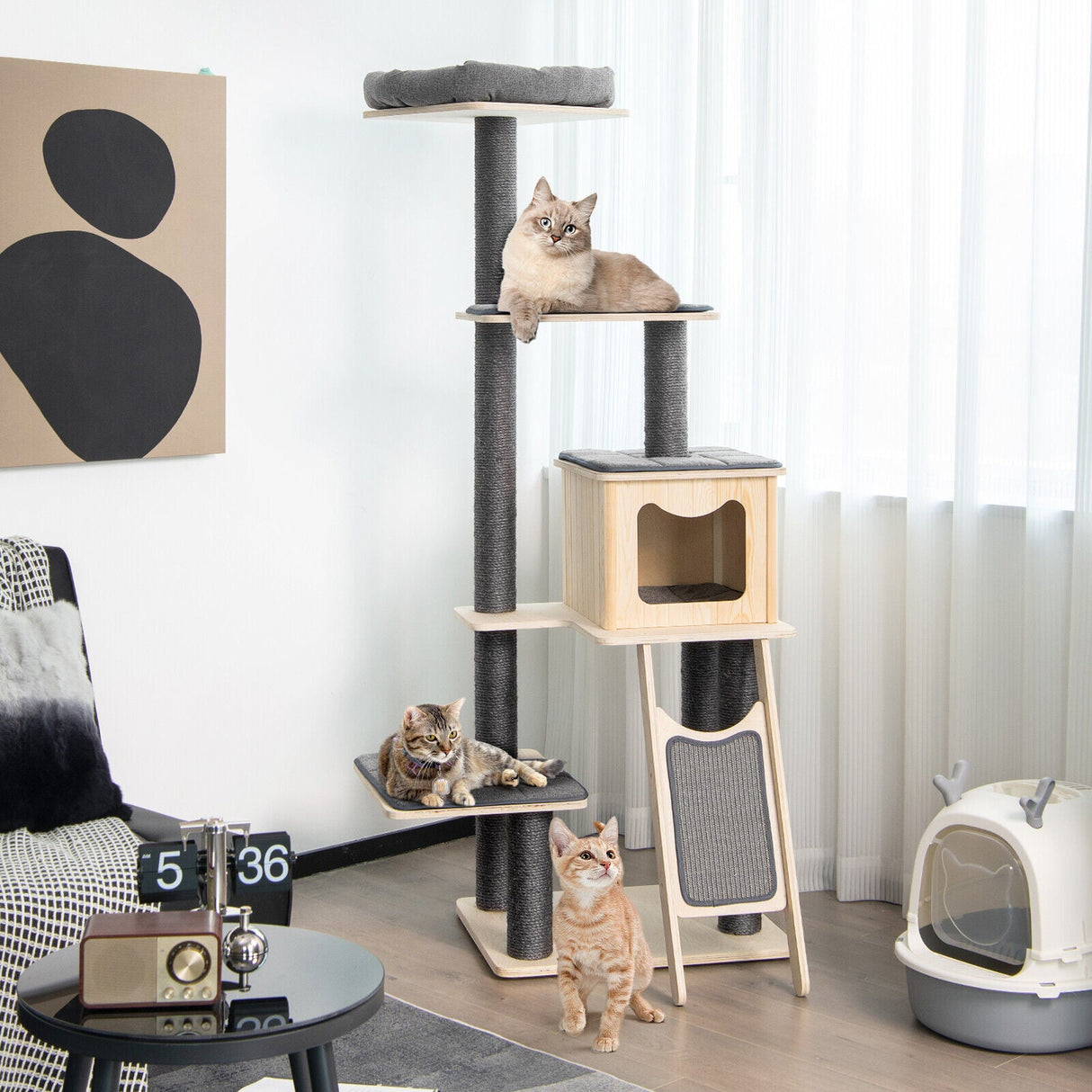 Rascador moderno de 5 niveles para gatos con cojines lavables - Gris