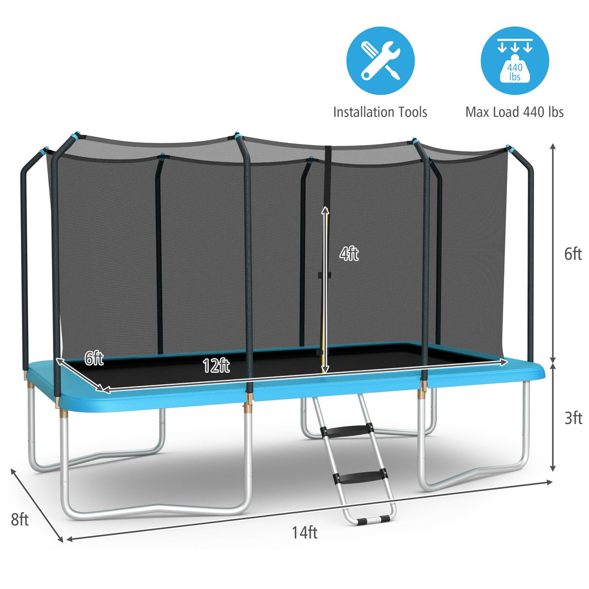 Cama elástica rectangular recreativa de 8 x 14 pies con red de seguridad y escalera