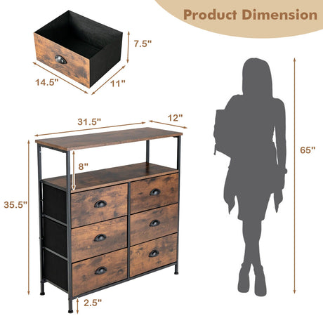Cómoda de almacenamiento de 2 niveles con tapa de madera y 6 cajones de tela - Marrón rústico