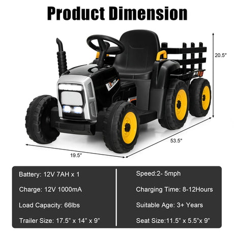 Tractor Montable de 12 V con Cargador de Tierra de 3 Velocidades para Niños de 3+ Años