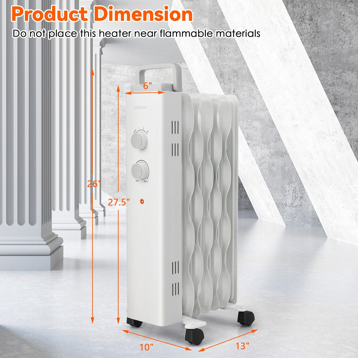 Calentador espacial de aceite de 1500W con ruedas universales y 3 niveles de calor-Blanco