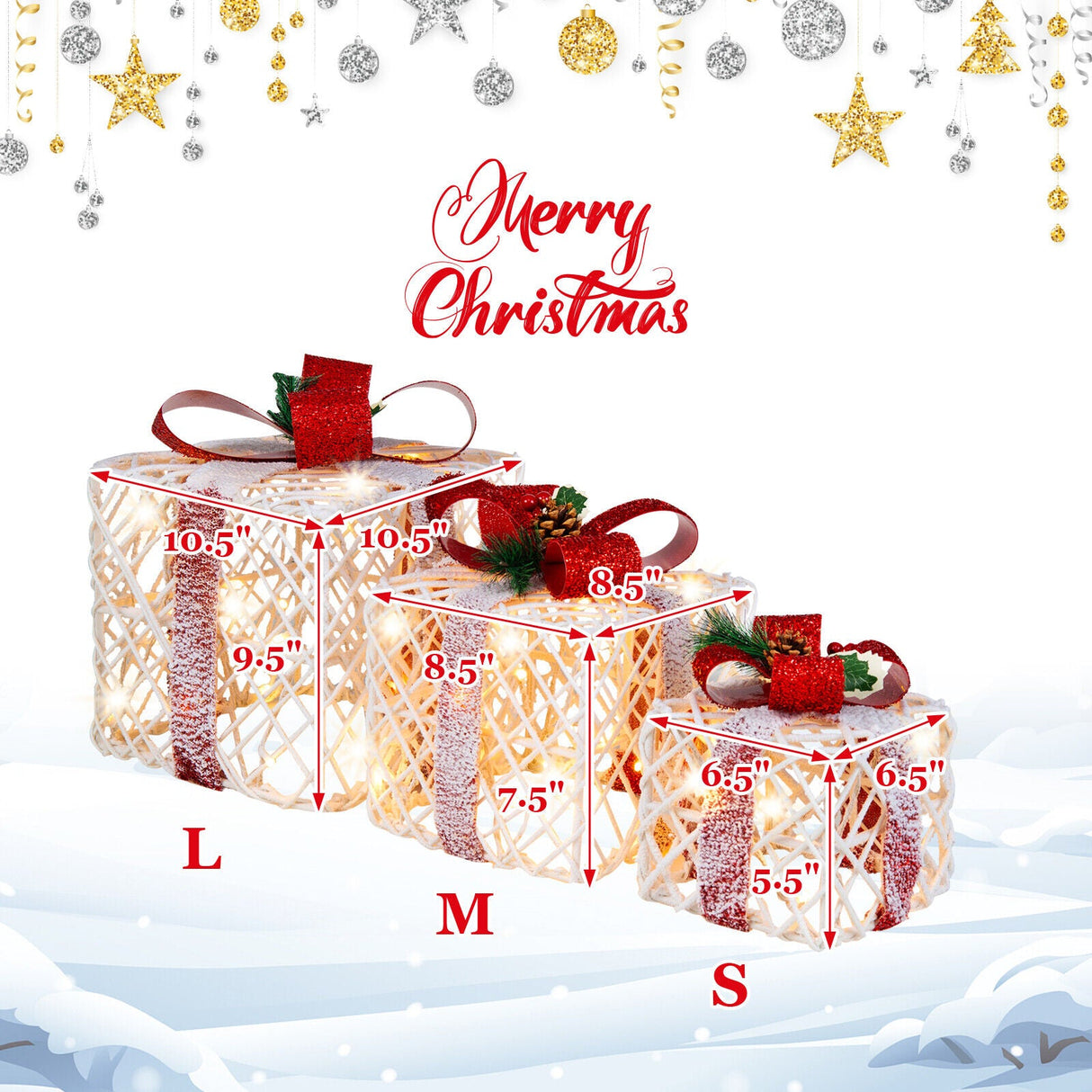 Set de 3 decoraciones de cajas de regalo navideñas iluminadas con lazos rojos