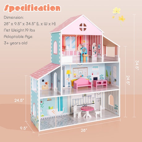Casa de muñecas de 3 niveles con muebles, regalo para mayores de 3 años