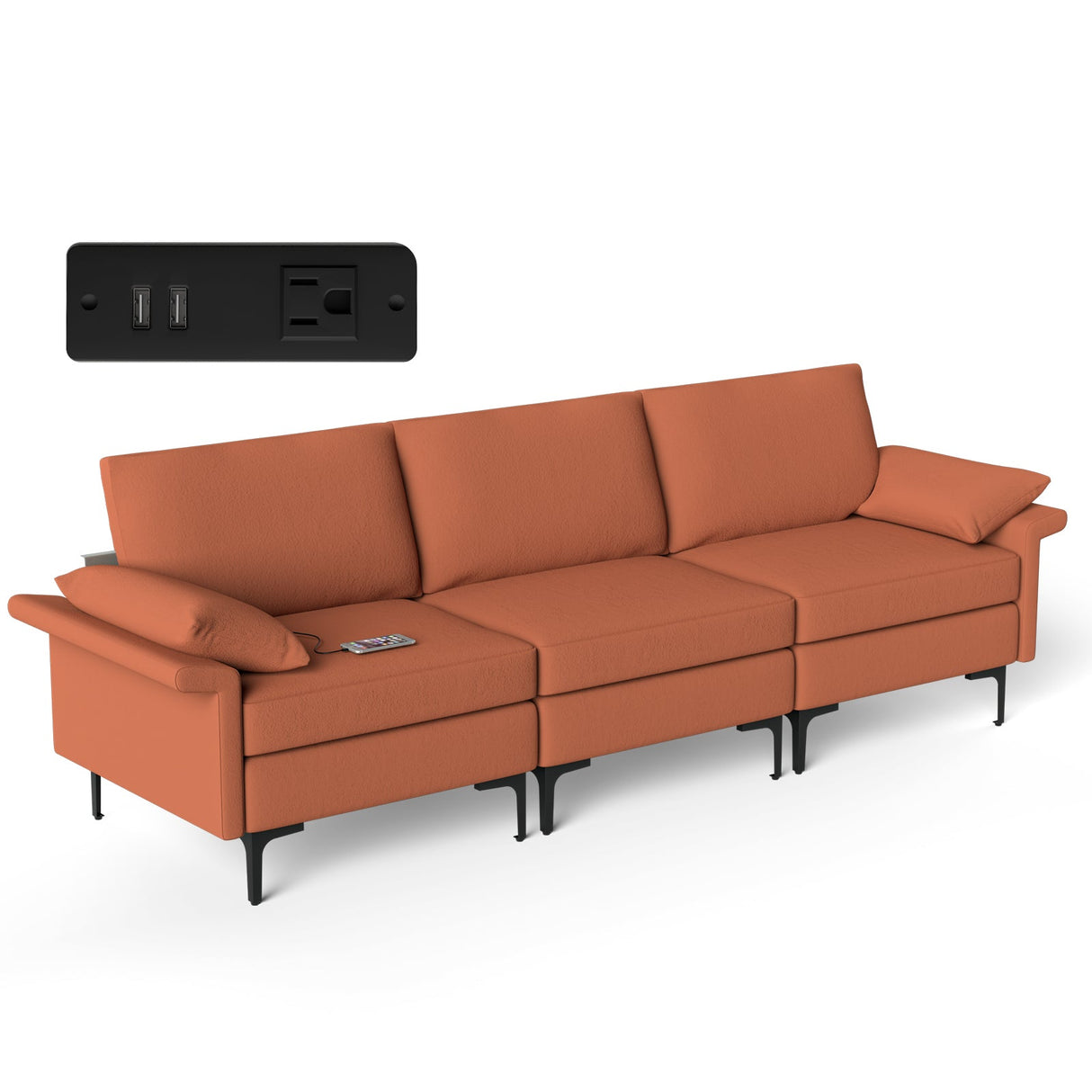 Seccional de sofá grande de 3 plazas con patas de metal y 2 puertos USB para 3-4 personas