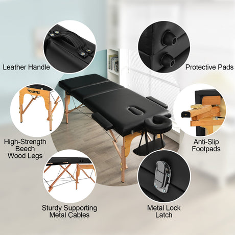 Mesa de Masaje Plegable Ajustable de 3 Secciones con Maletín de Transporte