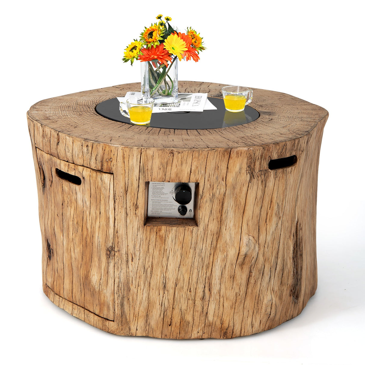 40 Inch Round Propane Gas Fire Pit Table Wood-Like Surface with Laval Rock PVC Cover