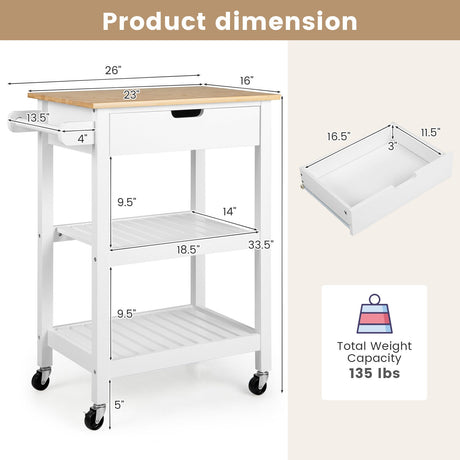 Carrito de servicio rodante de 3 niveles para isla de cocina con tapa de bambú