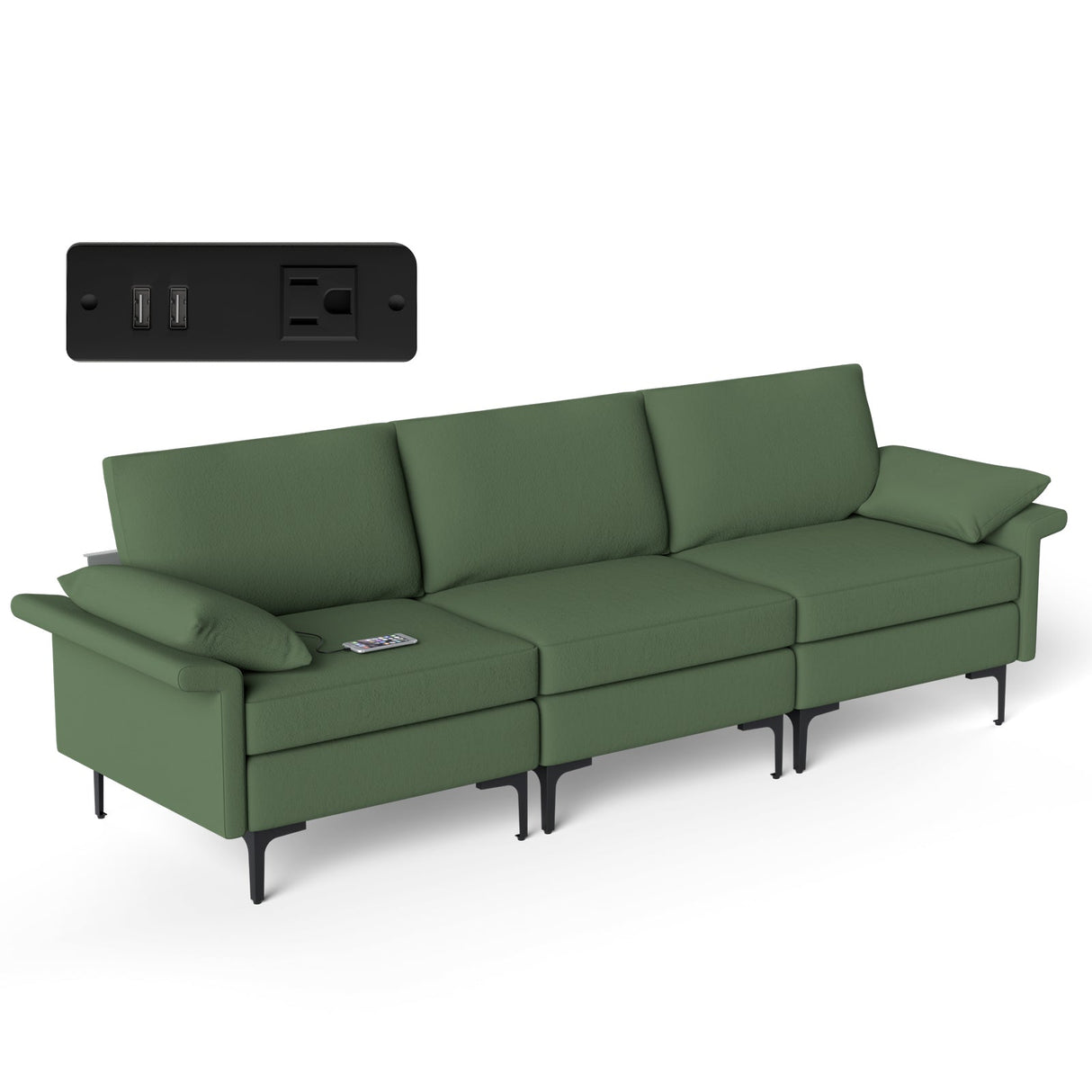 Seccional de sofá grande de 3 plazas con patas de metal y 2 puertos USB para 3-4 personas