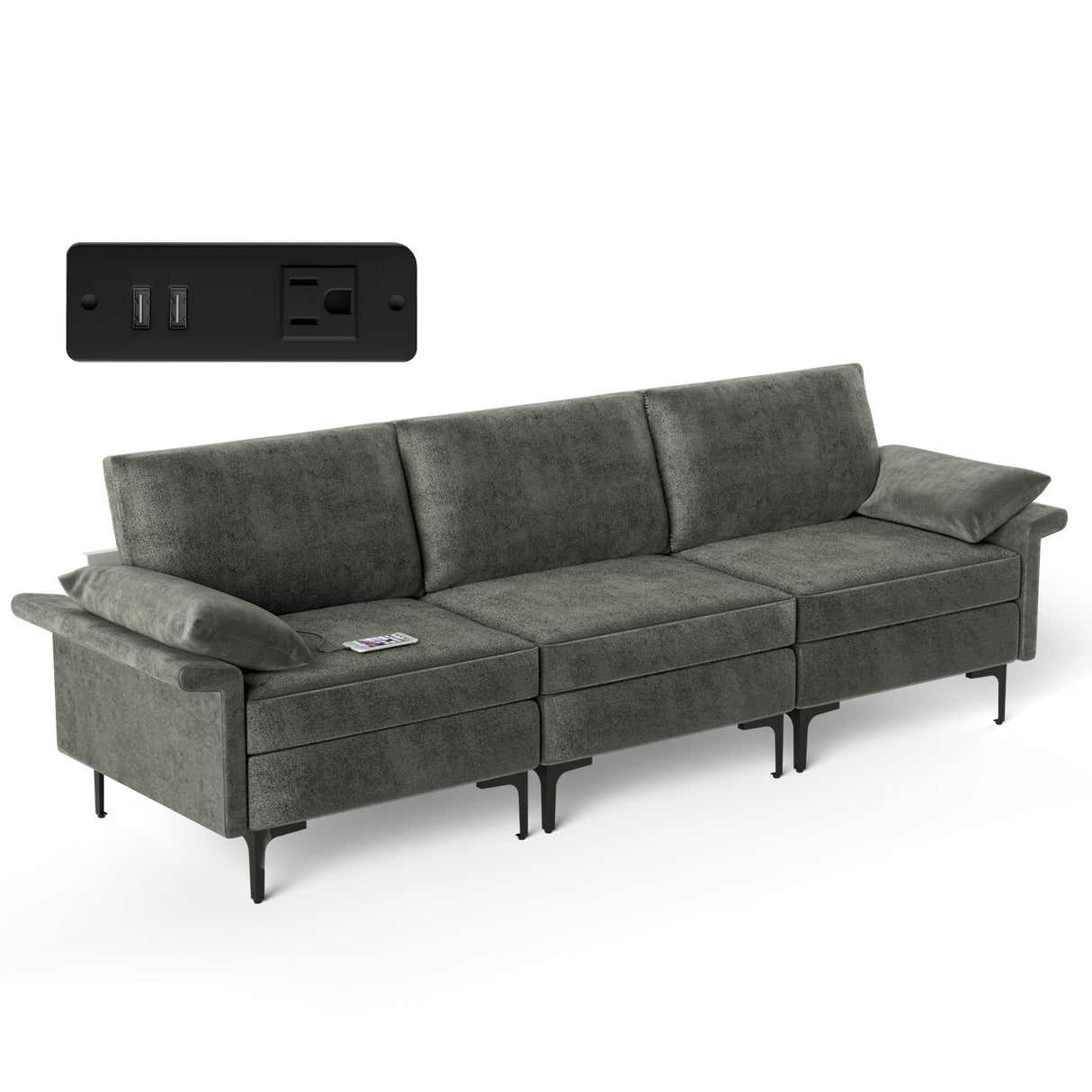 Seccional de sofá grande de 3 plazas con patas de metal y 2 puertos USB para 3-4 personas