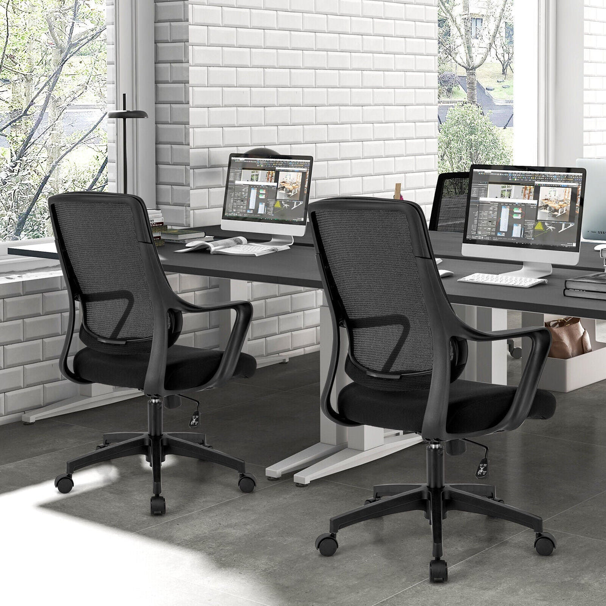 Silla Moderna de Malla Transpirable con Respaldo Curvo y Reposabrazos - Negro