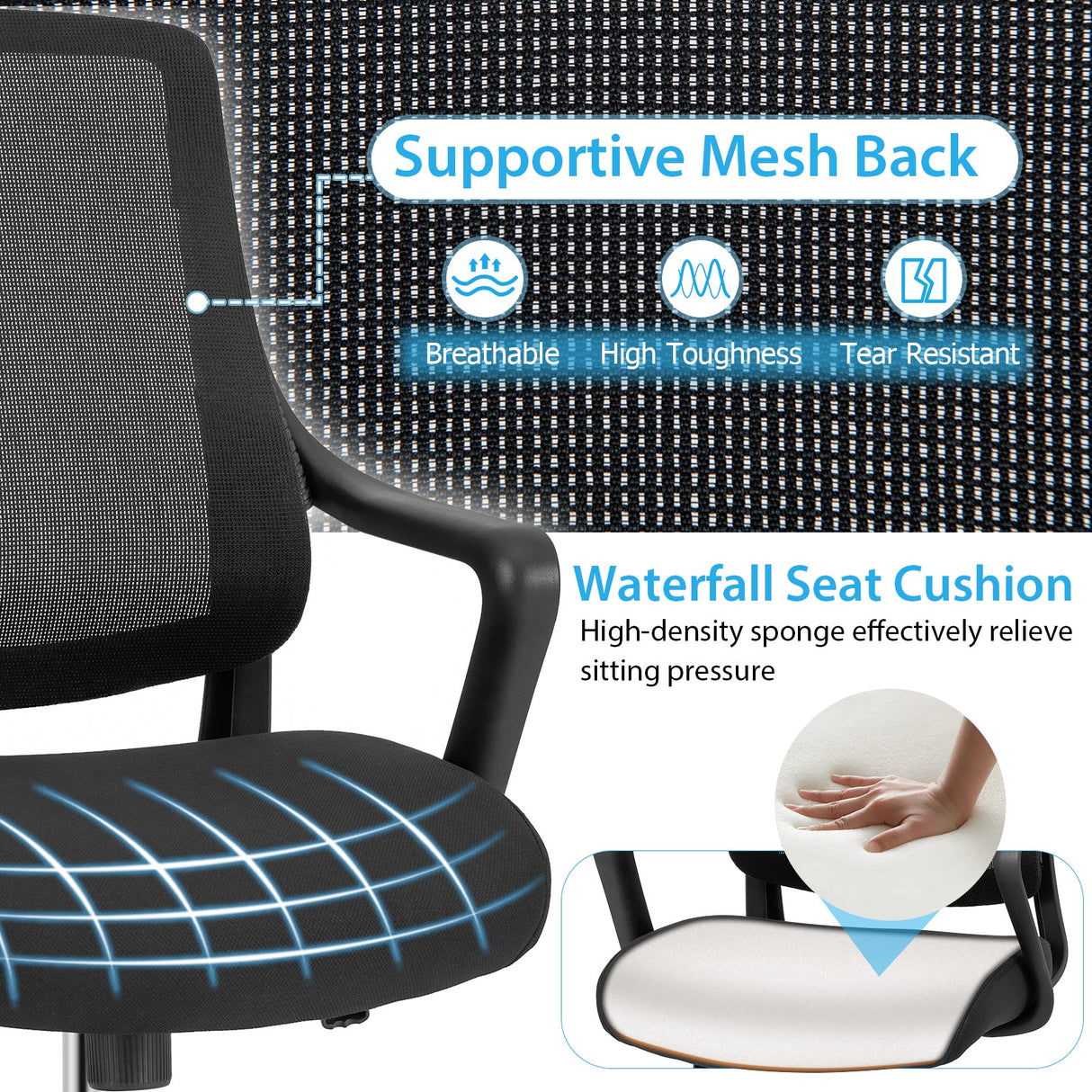 Silla Moderna de Malla Transpirable con Respaldo Curvo y Reposabrazos - Negro