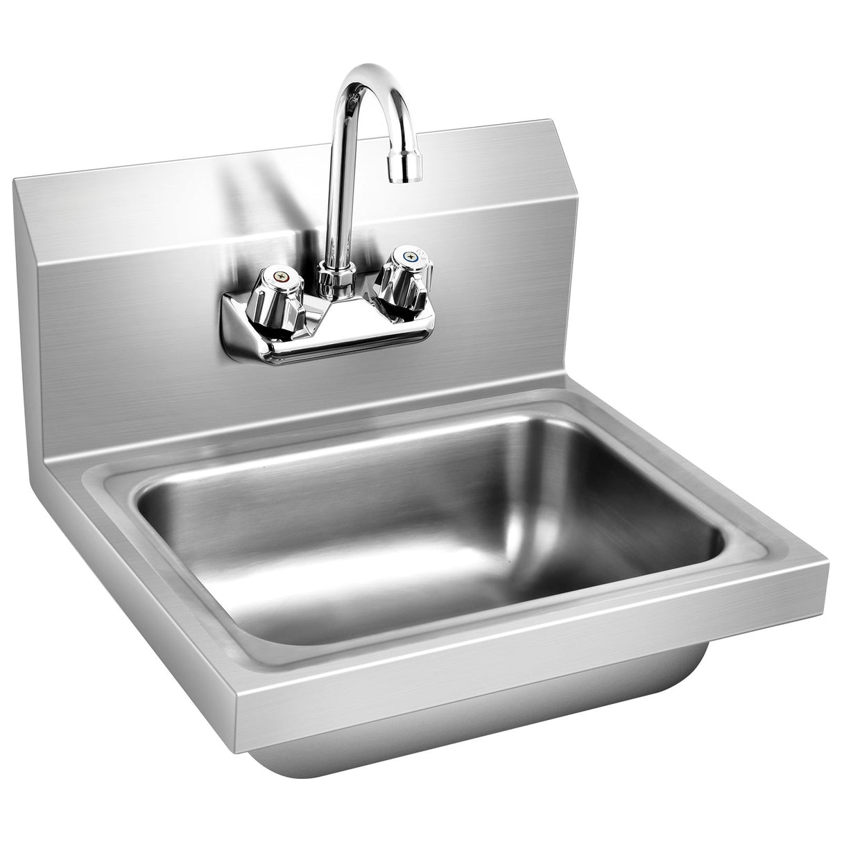 Fregadero de acero inoxidable de montaje en pared para lavarse las manos con grifo y salpicadero trasero
