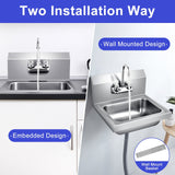 Fregadero de acero inoxidable de montaje en pared para lavarse las manos con grifo y salpicadero trasero